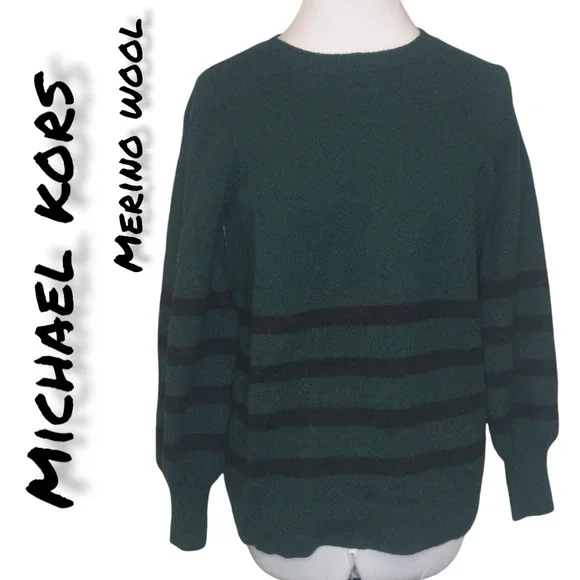 Michael Kors Green Stripped Merino Wool Sweater - Picture 1 of 6